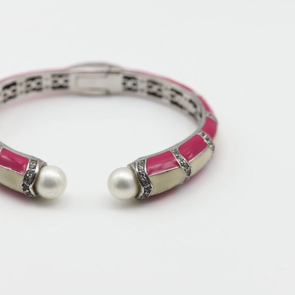 Sterling Silver Bangle Cuff Bracelet Pink and White Enamel Quartz stones and Pea - Picture 7 of 10